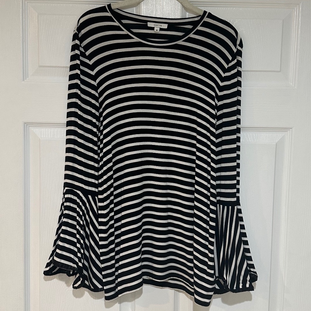 Maette Black and White Striped Bell Sleeve Top Size Medium